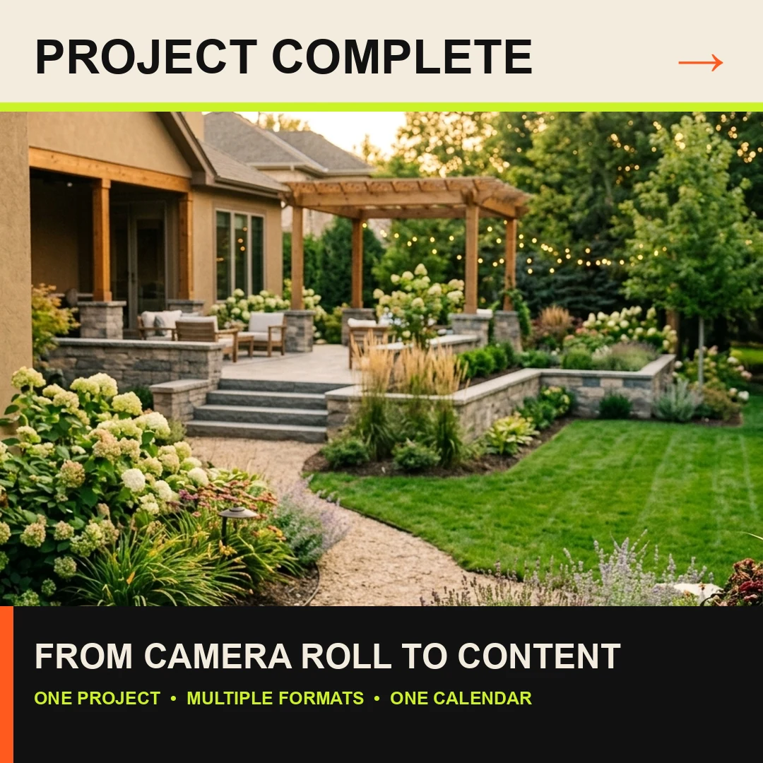 A finished square social post created from the same landscaping project
