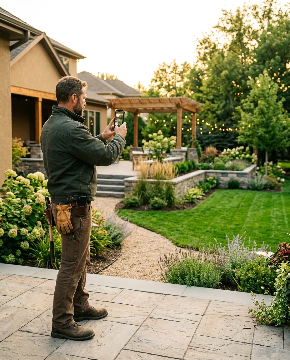 A landscaping contractor photographing a completed backyard project