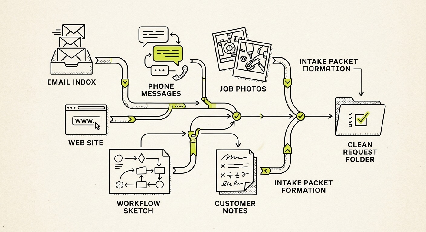 Line art showing emails, phone messages, job photos, and customer notes becoming an organized content request